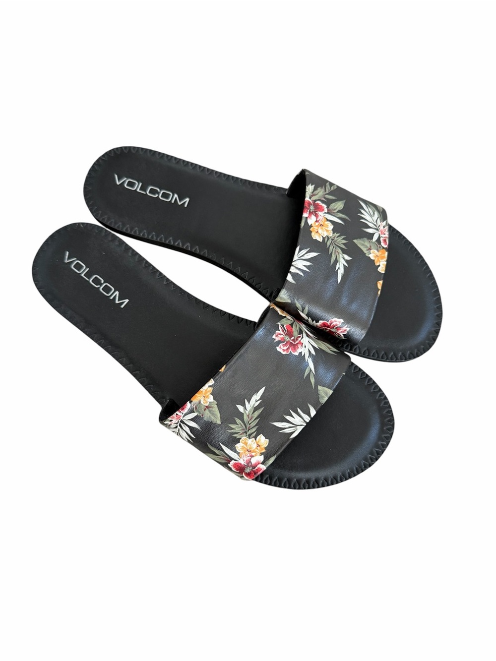 Volcom Black Floral Slide Sandals with Tropical Print Size 6
